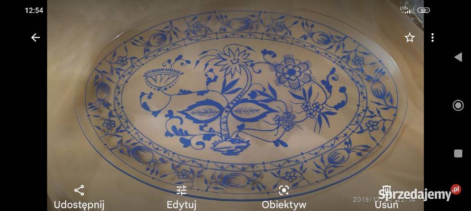 Duża patera i 6 talerzyków szkło cebulowe kobalt