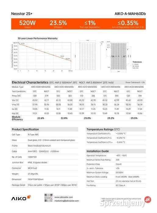 Panel fotowoltaiczny AIKO A500MAH60Db 500 W full małopolskie