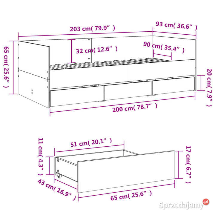 Łóżko dzienne z szufladami bez materaca 90x200 203cm Warszawa