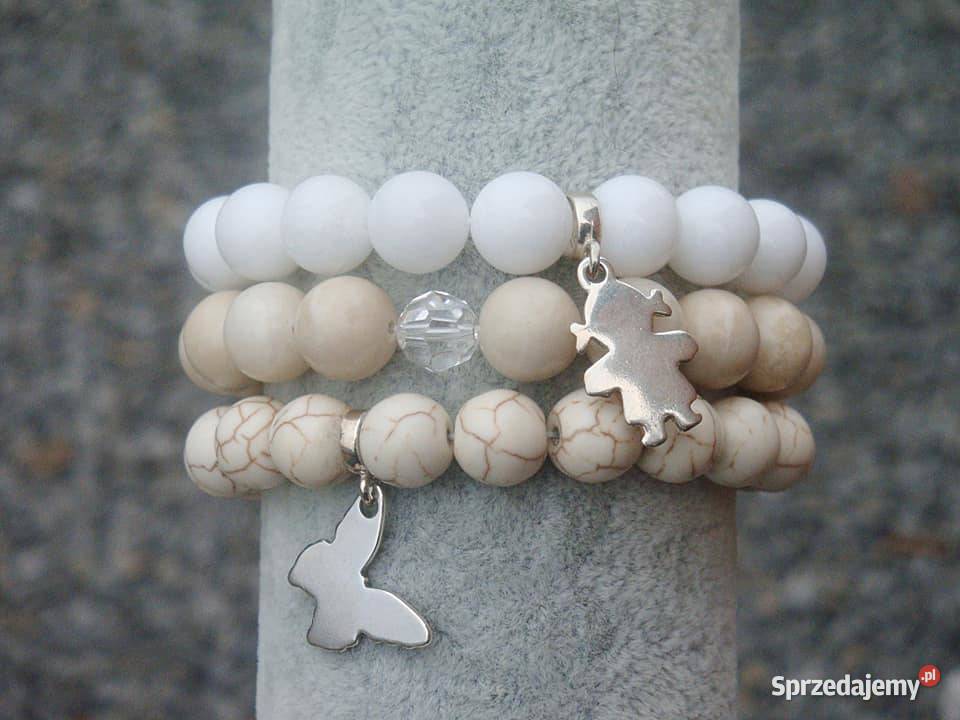 Trzy bransoletki z AgatuHowlituKamieni srebro