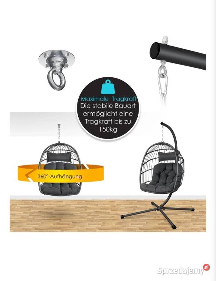 Fotel wiszący koszowy z dużymi poduszkami Brzeziny