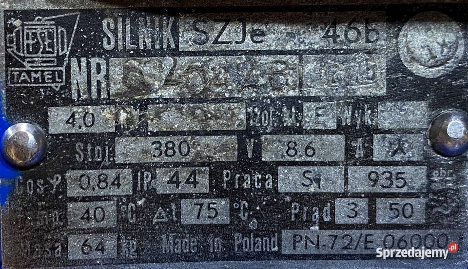 silnik elektryczny 4kW 935obr 3fazowy Tamel SZJe sprzedam