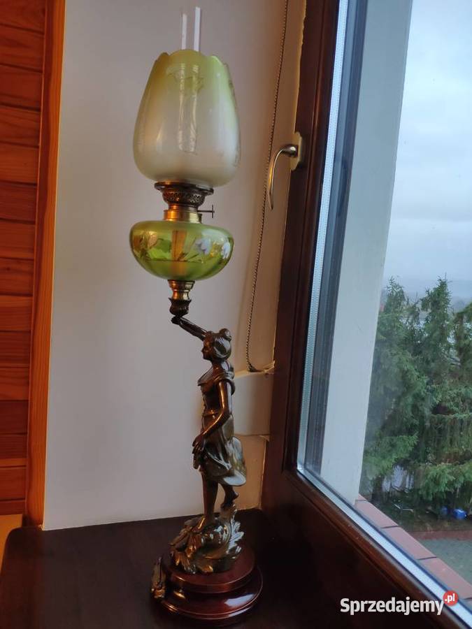 Figuralna sygnowana emaliowana lampa naftowa n5 Antyki sprzedam