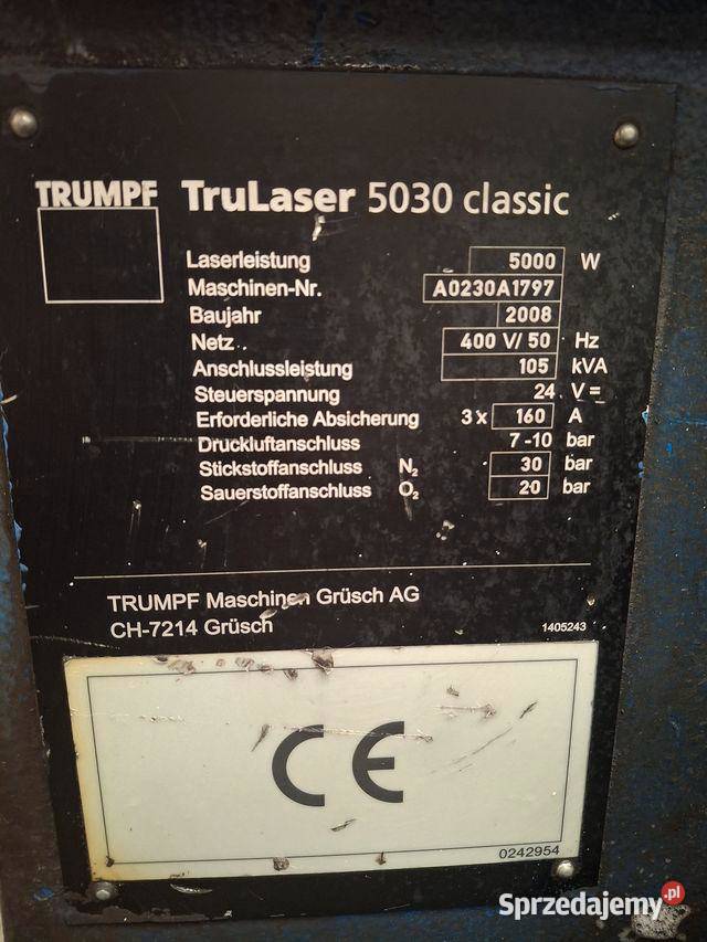 Laser TRUMPF TruLaser 5030 Classic z 2008 roku Chochołów sprzedam