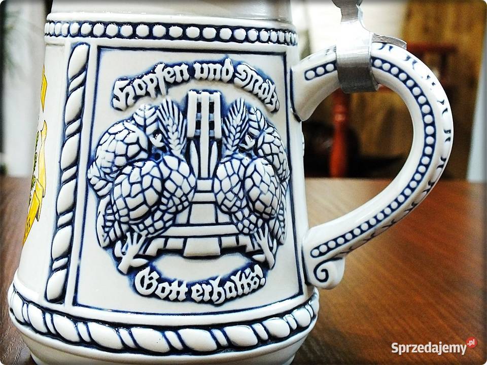 Kufel niemiecki Hopfen und Malz z cynową Porcelana i szkło lubuskie Żary sprzedam