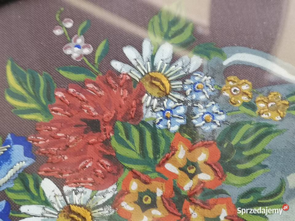 Obraz kwiaty olejny haft vintage Toruń