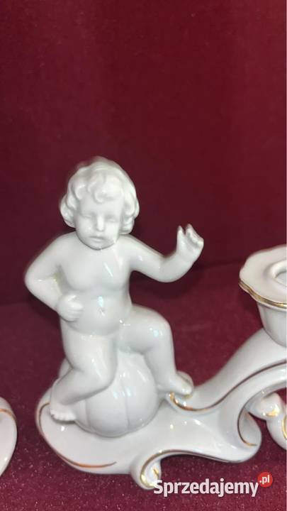 2Białe świeczniki z Putto lustrzane kominkowe pomorskie Gdańsk