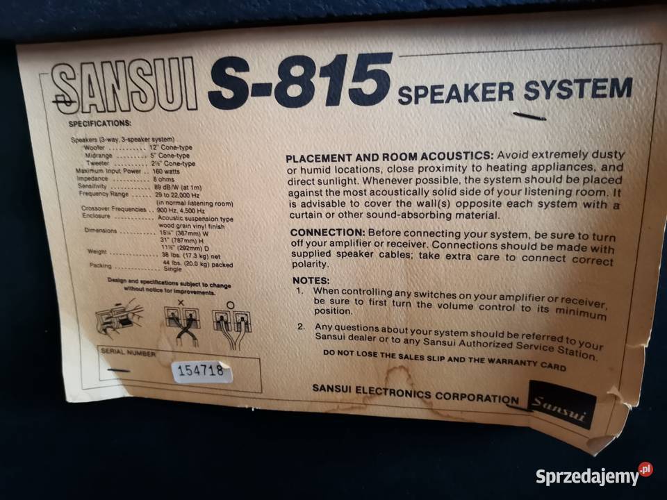 SANSUI S815 Biały Kruk z USA 30 Bas Studyjna Krzyż Wielkopolski