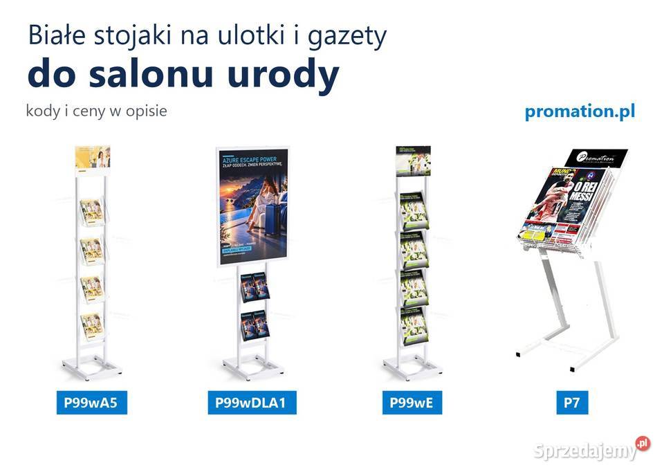 Białe stojaki na ulotki i gazety do salonu
