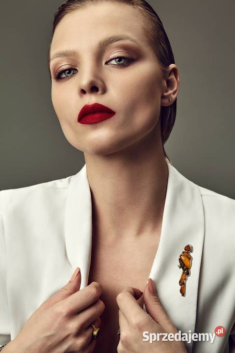 Broszka witrażowa papuga bursztyn bałtycki Lublin