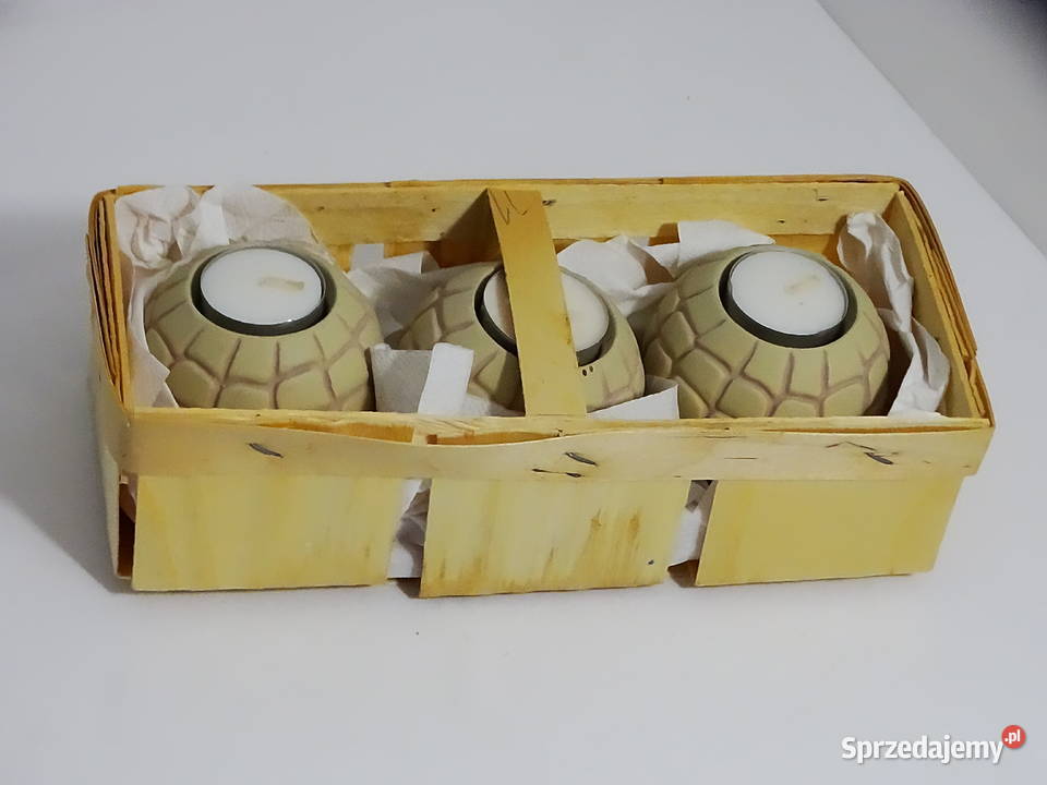 Zestaw dekoracyjny 3 świeczniki koszyk drewniany Biłgoraj