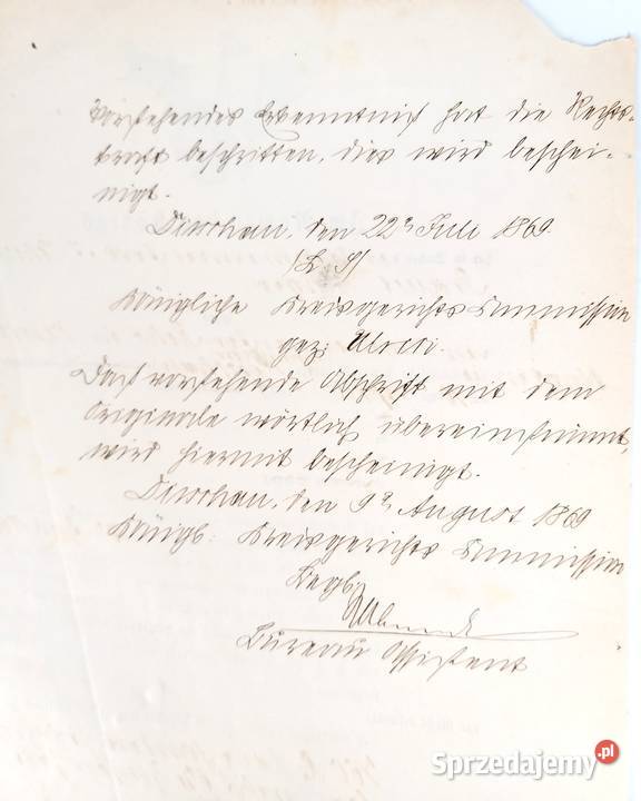 Dokument Sądowy z 1869r Królestwo Prus Bronisze