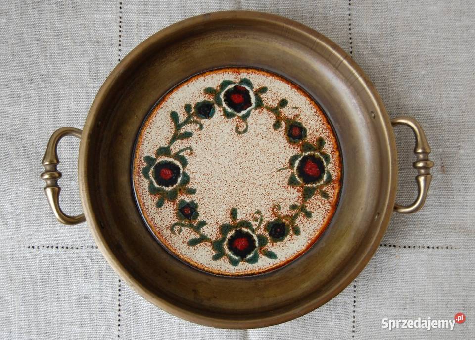 Patera mosiężna mosiądz ceramika Szwajcaria wielokolorowy