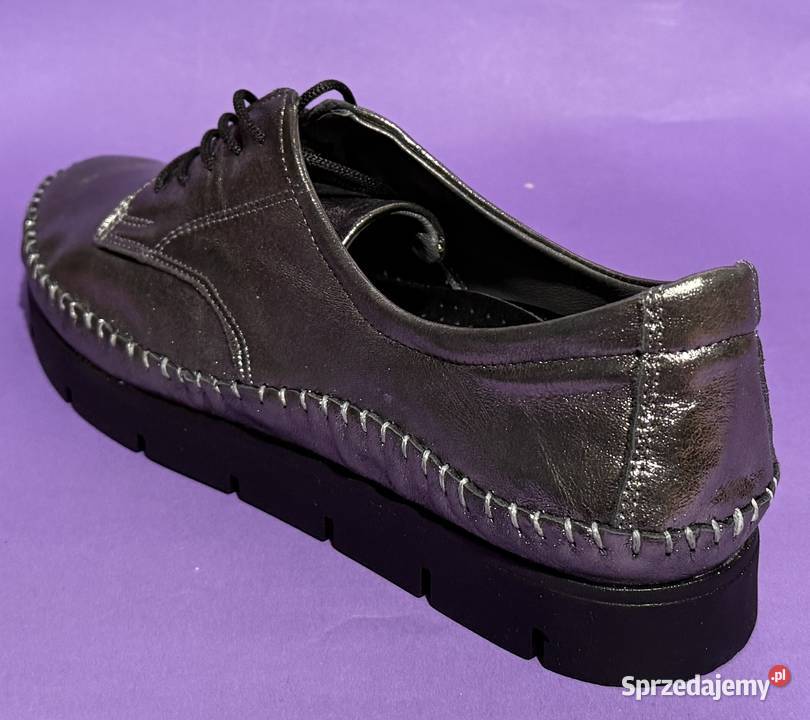 Skórzane damskie platynowe wiązane półbuty Żyrardów
