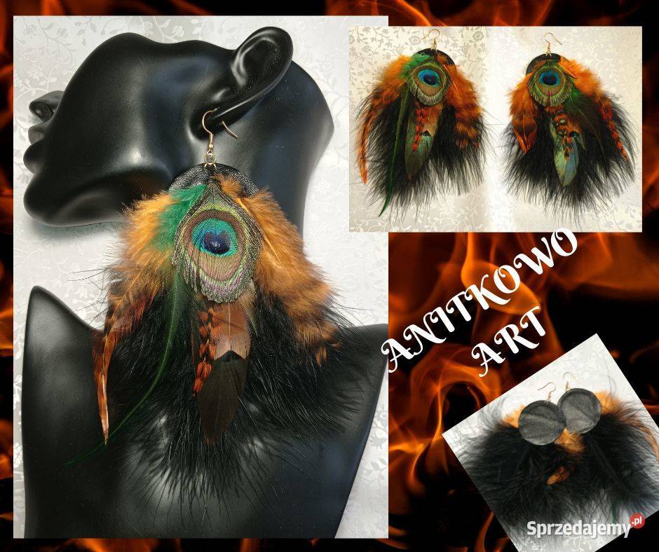 KOLCZYKI Z PIÓRAMI NA SKÓRCE z pomarańczowym