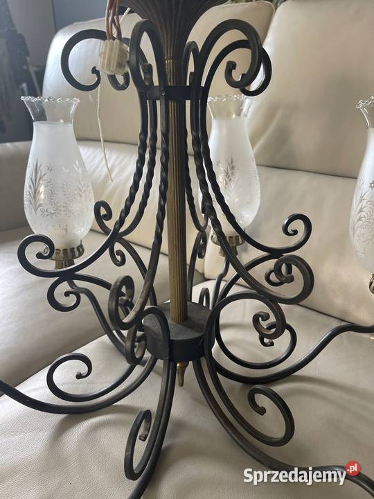 Antyk żyrandol lampa mosiądz szkło grawerowane dolnośląskie Bystrzyca Kłodzka