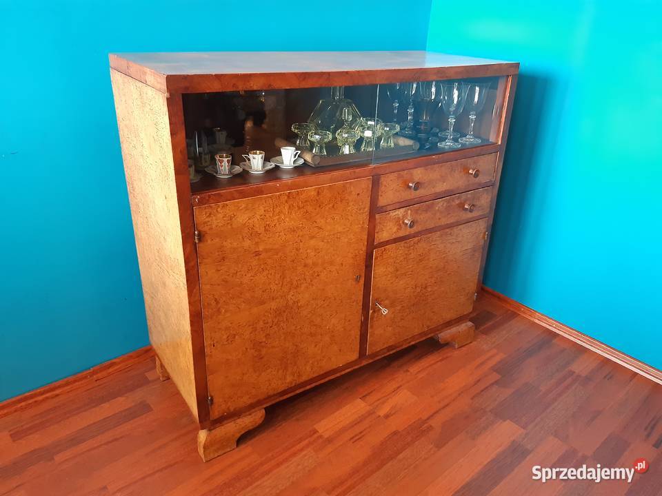 Wysoka komoda z witryną serwantka antyk