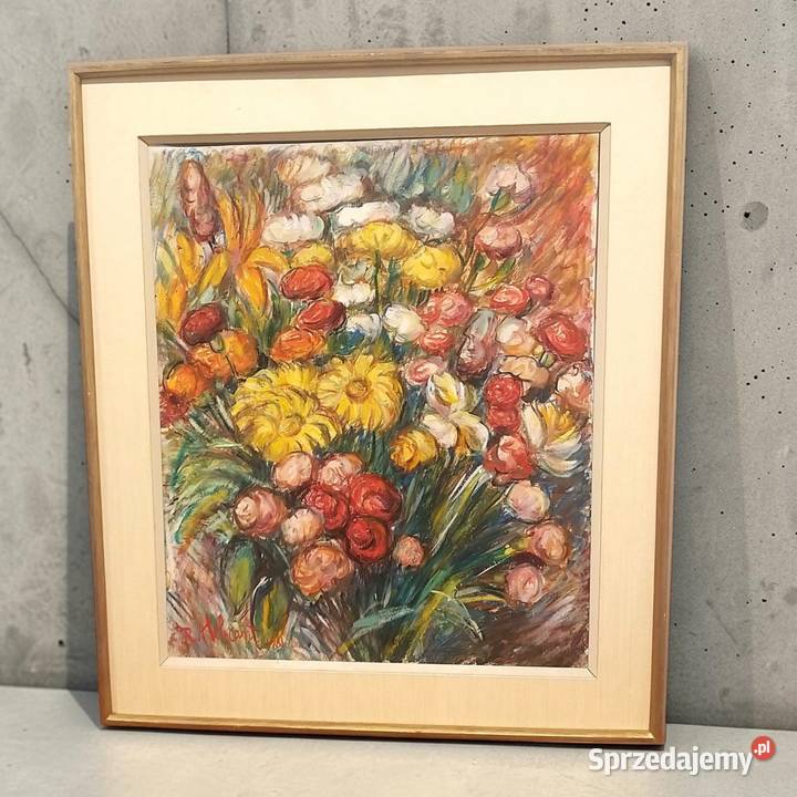 Olej na płótnie Varit de Fleurs R Hebrant 1981r Pomiechówek