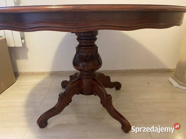 Stół okrągły rozkładany antyk rzeźbiony drewno