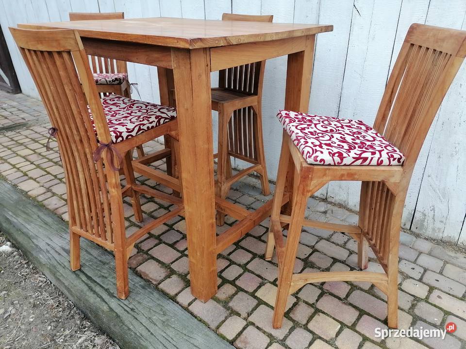 Wysoki Stół teek herbaciany Cztery hokery Wąwolnica