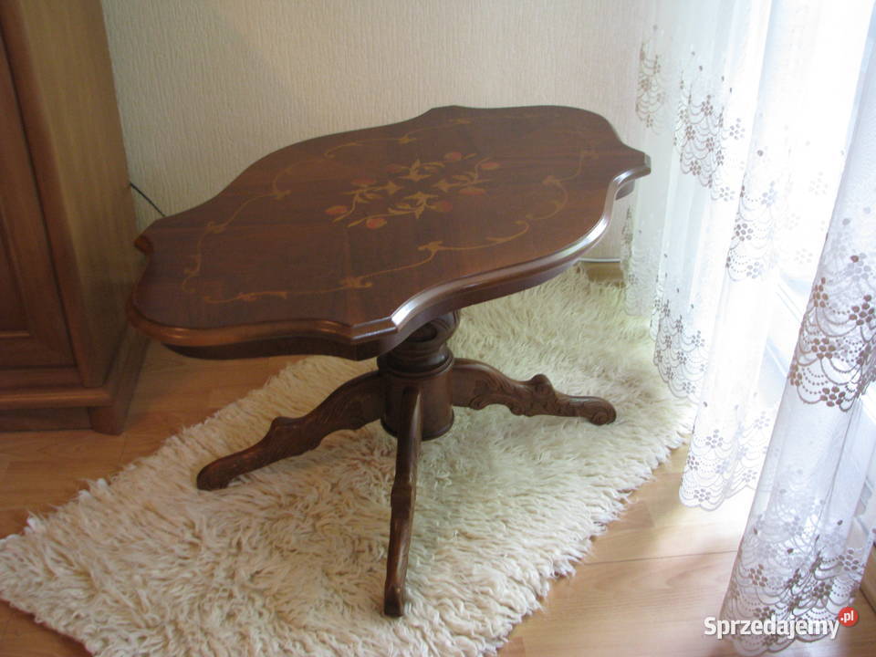 Stylowy stolik kawowy intarsjowany blat ława