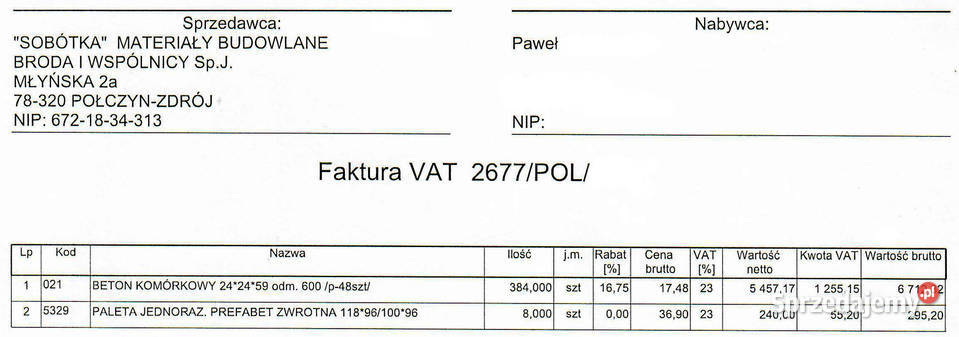Gazobeton Pustak komórkowy 24x24x59 typ 600 Nowe Koprzywno