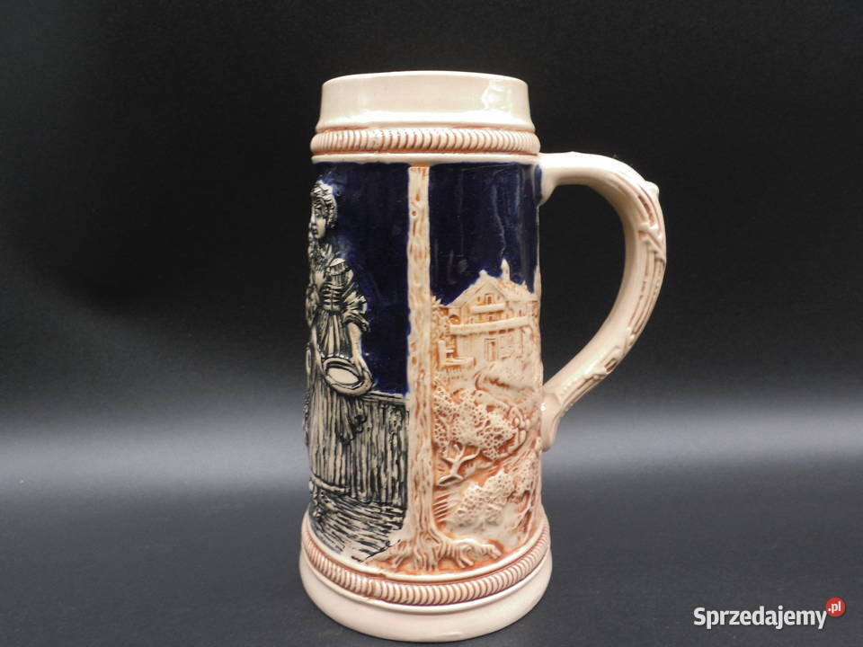 STARY NIEMIECKI KUFEL DO PIWA Z KAMIONKI RELIEF Porcelana i szkło