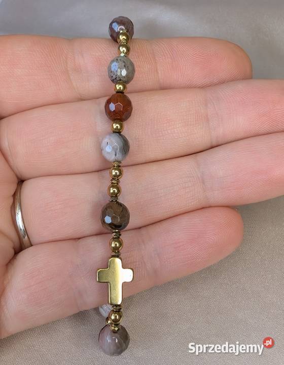 Bransoletka różaniec skamieniałe drewno krzyżyk Zegarki i Biżuteria Ostrów Wielkopolski