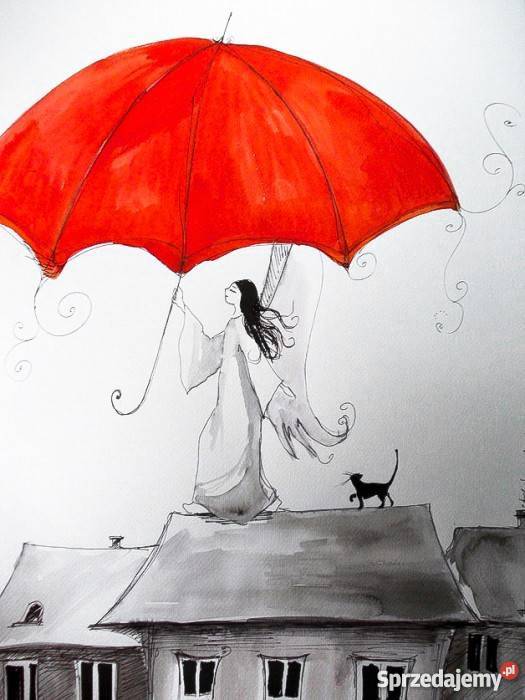 Akwarela i piórko Czerwony parasol artystki Katowice