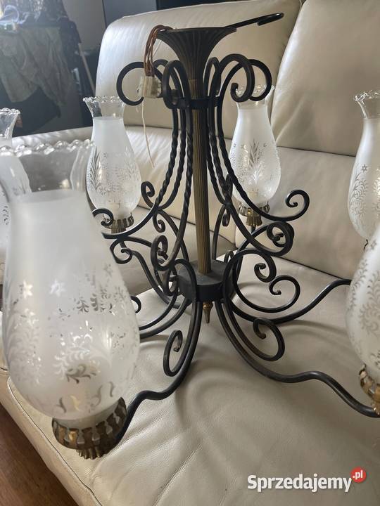 Antyk żyrandol lampa mosiądz szkło grawerowane Bystrzyca Kłodzka
