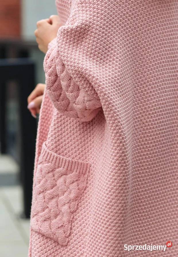Długi Kardigan Oversize Plait PudrowoRóżowy Nowy Kawęczyn