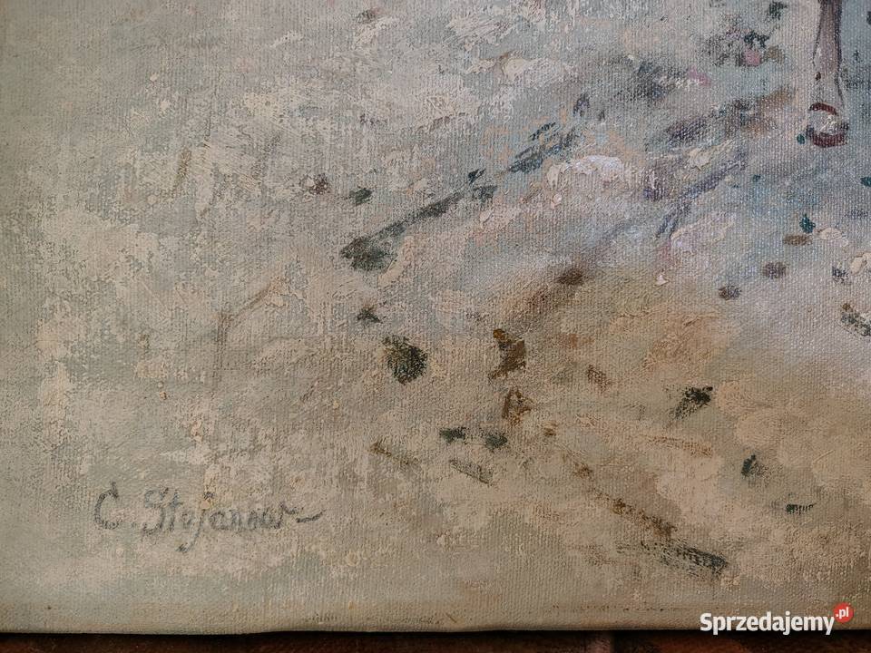 Stary obraz olejny Zimowa sanna Kartuzy sprzedam