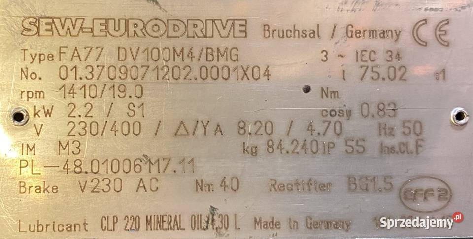 motoreduktor przekładnia 22kW 19obr HAMULEC SEW Pozostałe Pigża