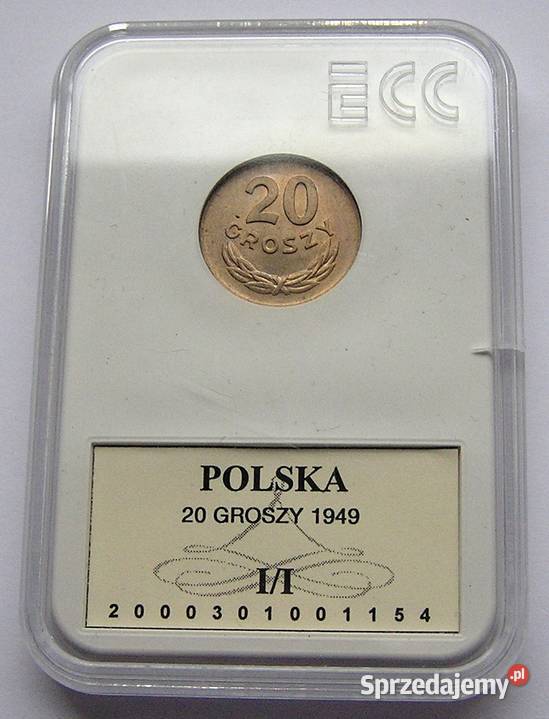 Polska 20 gr 1949 r bz Stan I UNC w slabie GCN Rydzyna