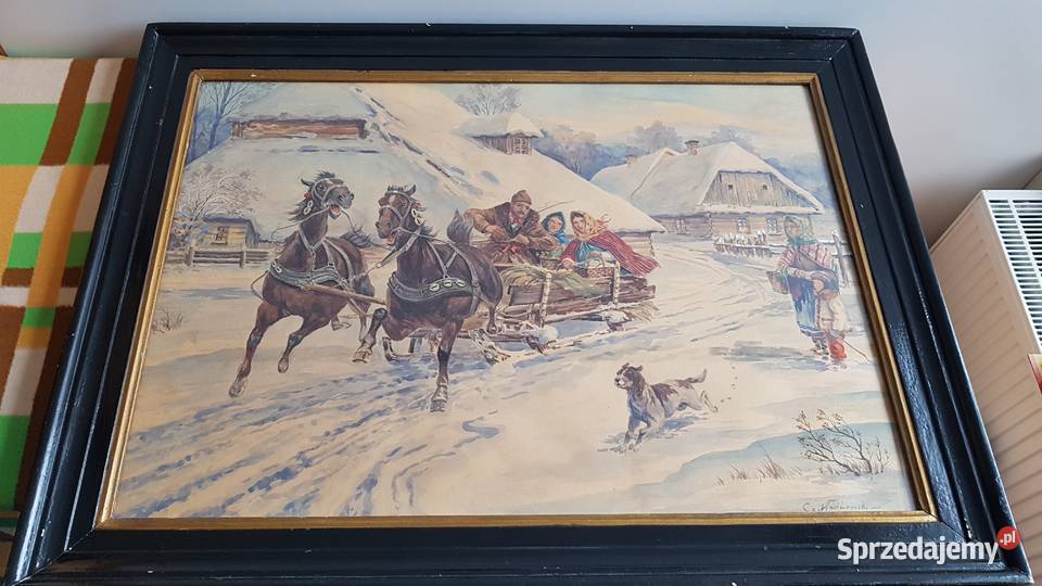 Stary duży obraz akwarela sygnowana Cz