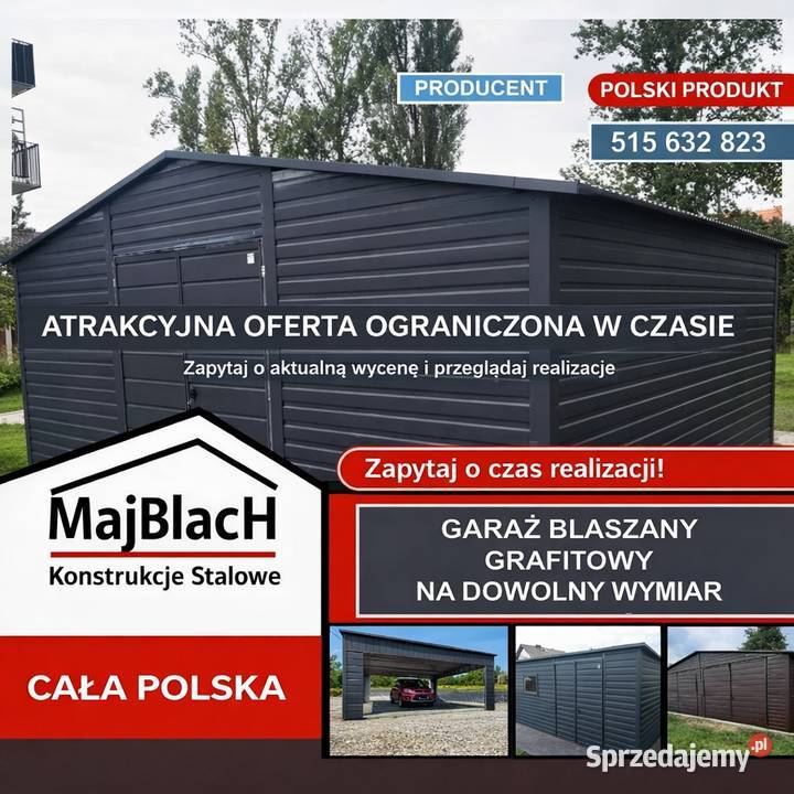 Ładny Garaż Blaszany GRAFITOWY z zadaszeniem 249zł/m2 Kolbuszowa