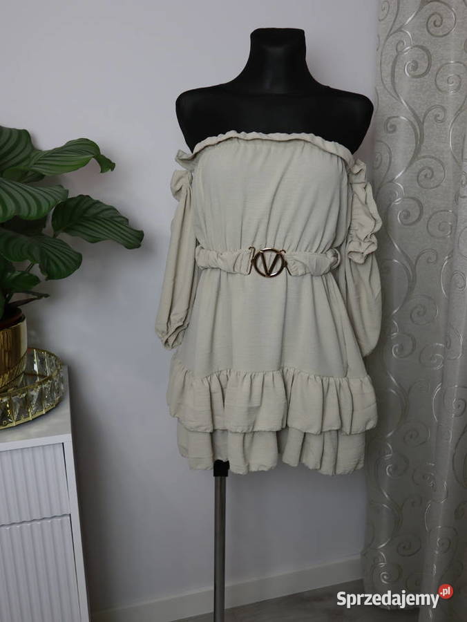 Beżowa sukienka hiszpanka z paskiem V Spódnice i sukienki łódzkie Zgierz