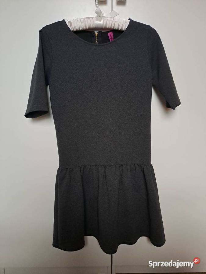 Stylowo Szara Sukienka z falbanką i suwakiem z