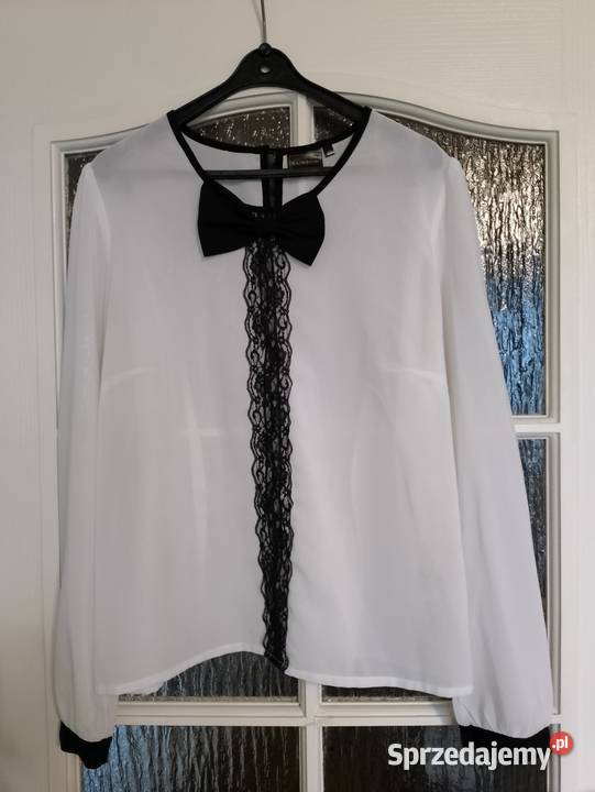 Biała BLUZKA z czarną koronką i kokardą długie Oborniki