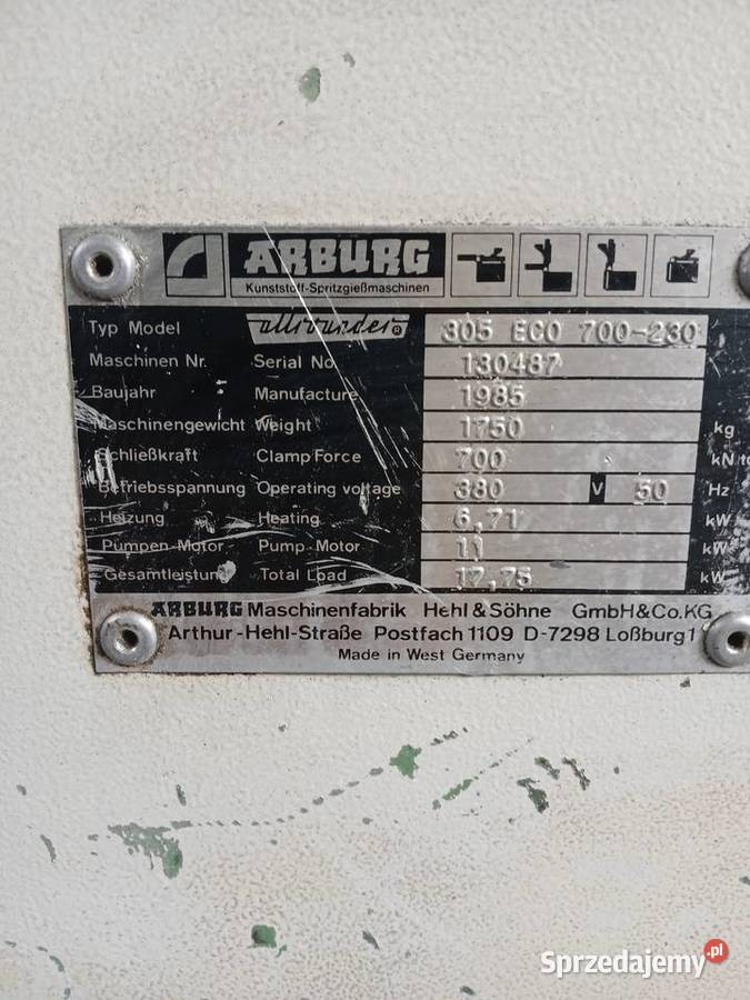 Wtryskarka ARBURG 305 ECO 700230 1985 SPRAWNA łódzkie Prawda