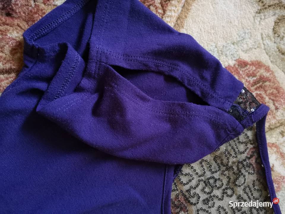 Fioletowa śliwkowa sukienka z siateczką w cekiny Tuchów