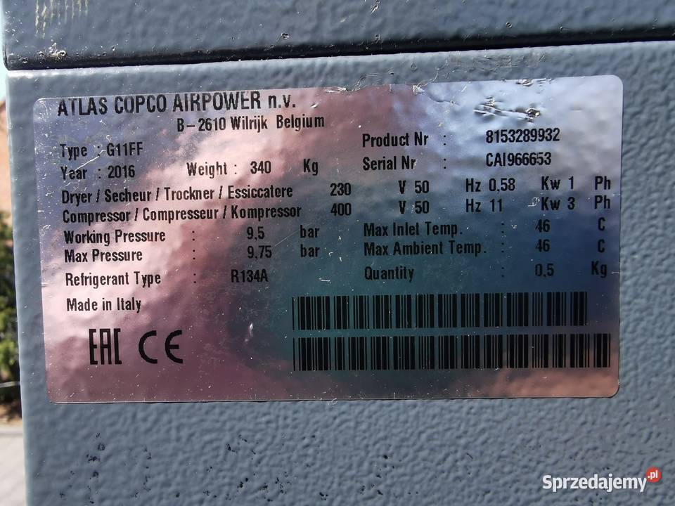 2016r 11kw Sprężarka śrubowa ATLAS COPCO G11FF Borzęcice sprzedam