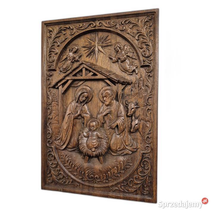 Płaskorzeźba w dębie Stajenka Święta rodzina Malechowo sprzedam