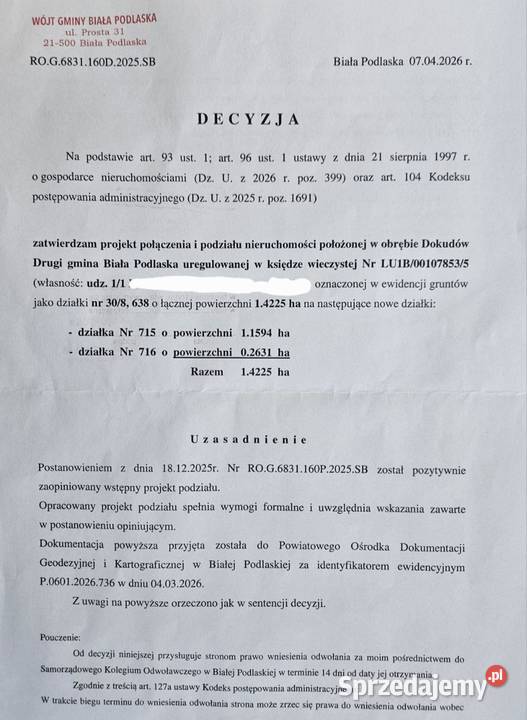 Działka budowlana w lesie 2631m 2MRU Dokudów II Sprzedaż lubelskie sprzedam