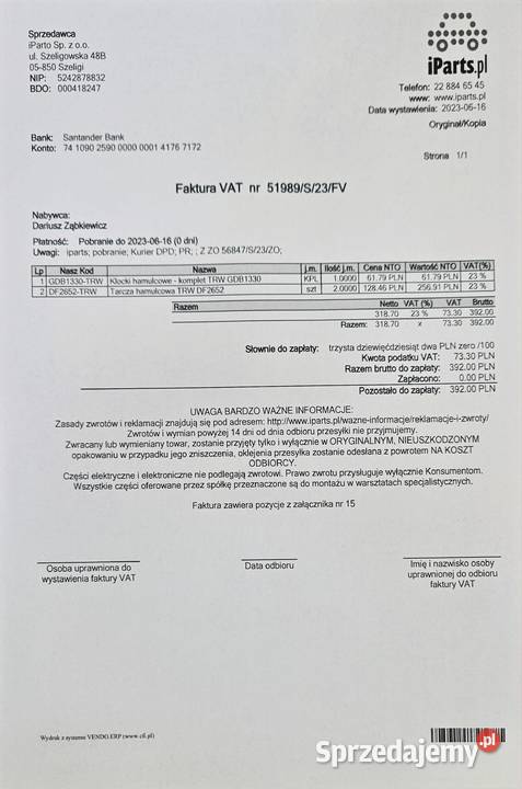 Klocki i tarcze tył TRW GDB1330 TRW DF2652