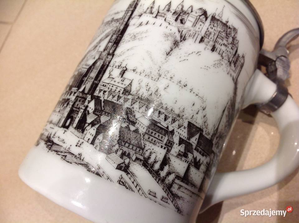Stary Porcelanowy Kufel do Piwa z cynową klapką Nowa Sól
