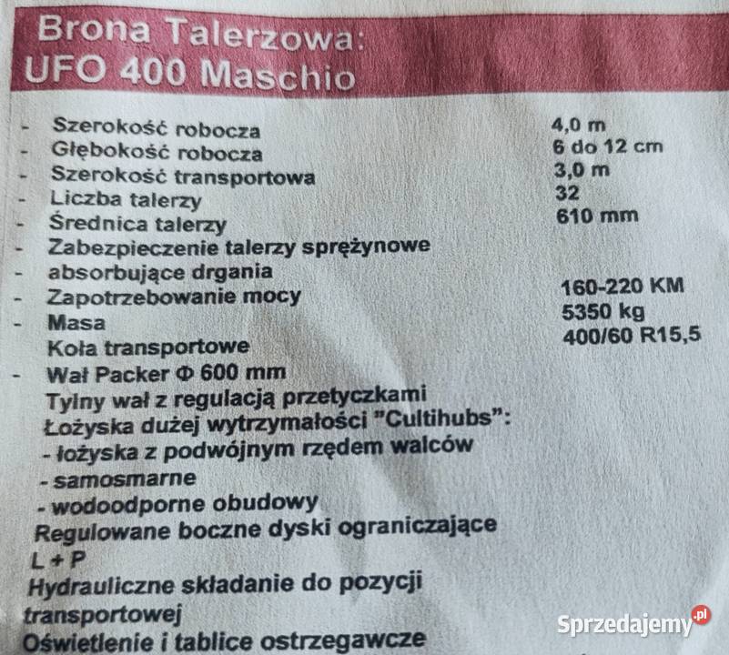 Brona talerzowa ufo 400 Maschio nieuszkodzony Kruklanki