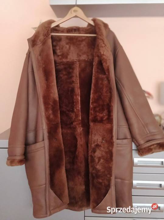 Kożuch włoski z kapturem brązowy/beżowy