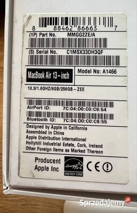 Laptop MacBook Air 13 A1466 Dysk 256GB 8GB RAM