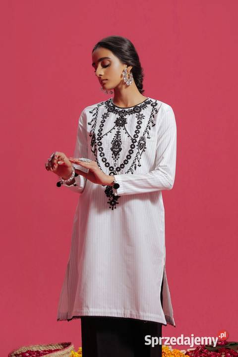 Nowa tunika indyjska S 36 biała bawełna w paski